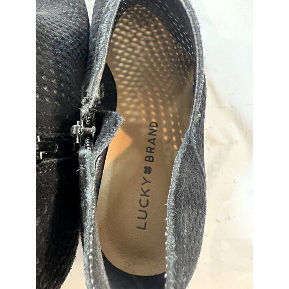 Lucky Brand Baley Black Suede Mesh Block Heel Side Zip Ankle Booties Boots  6.5 - Picture 8 of 14
